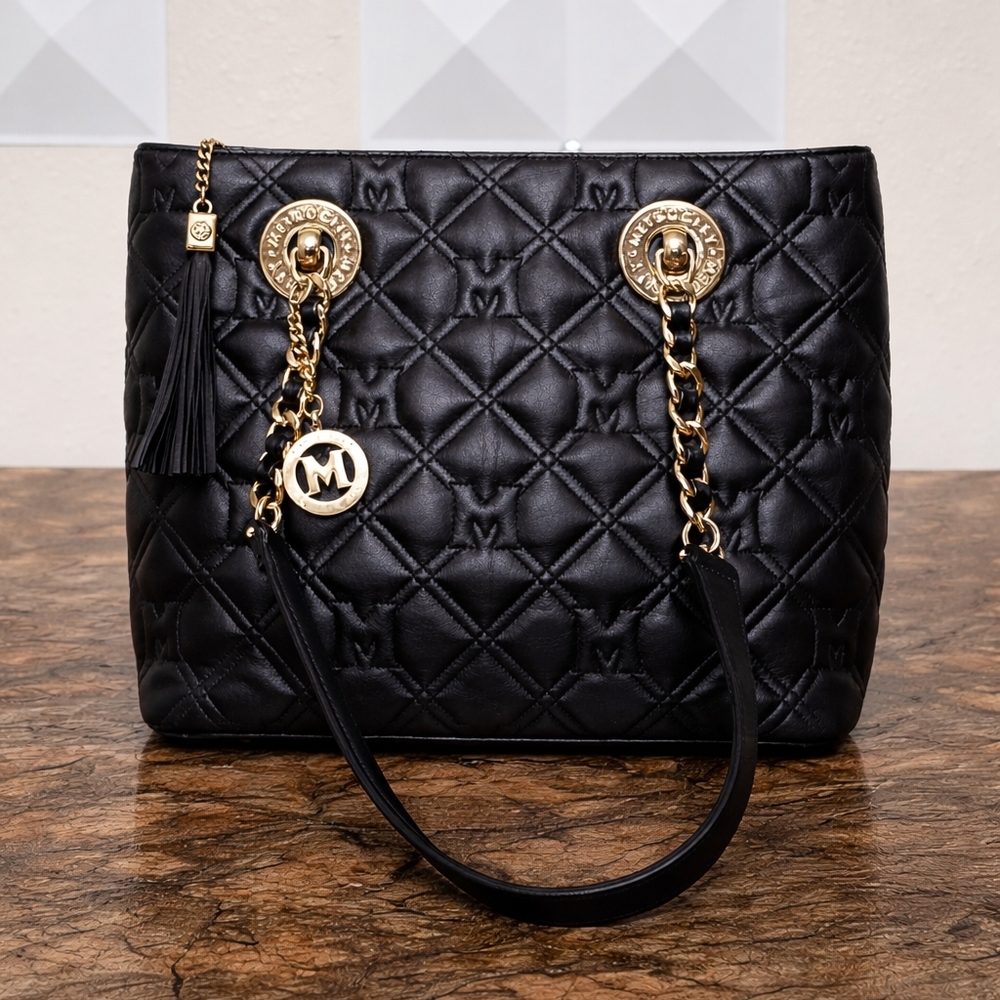 Metrocity Black Quilted Tote Bag Gold Chain Shoulder Purse Luxury Large